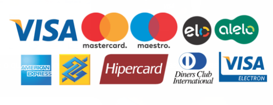 Bandeiras de cartão aceitas: Visa, Mastercard, Maestro, Elo, Alelo, American Express, Banco do Brasil, Hipercard, Diners Club e Visa Electron